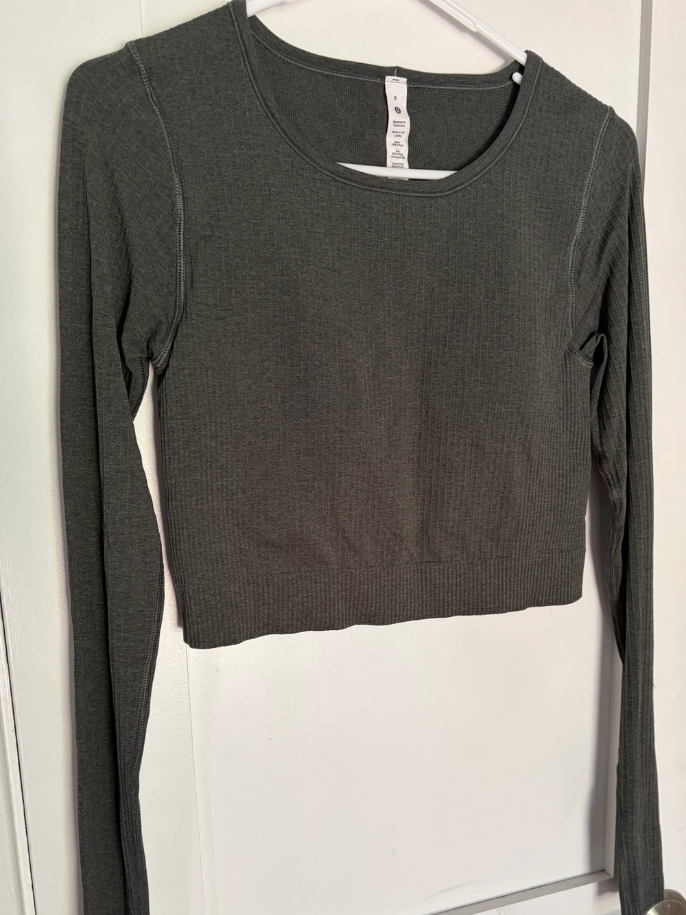 4. Size 8 LULULEMON Olive Green Ebb To Street Cropped Longsleeve